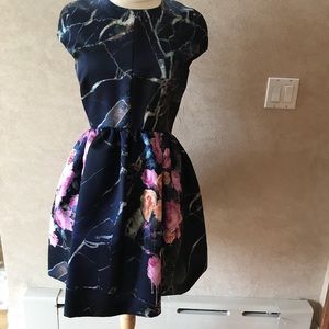 MSGM Dress Duchesse Satin Floral Print Navy S 44